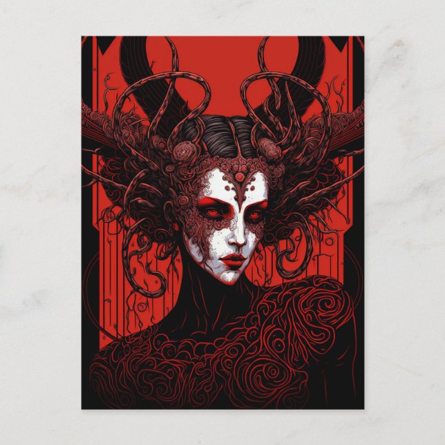 Mörk Elf Demon Red Black Fantasy Art Vykort (Framsida)