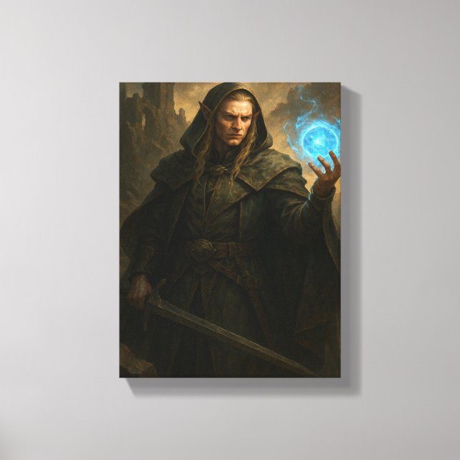 Mörk Elf Mage Holding Glowing Blue Magic Orb Canvastryck (Framsida)