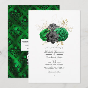 Mörk Emerald and Guld Blommigt QR Code OSA Bröllop Inbjudningar