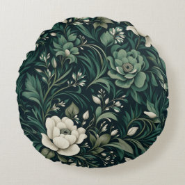 Mörk Emerald Grönt Blommigt Rund Kudde