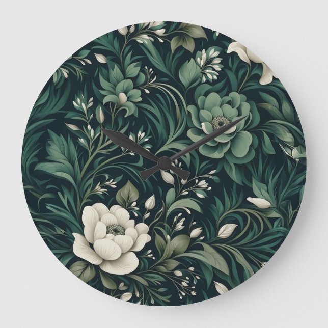 Mörk Emerald Grönt Blommigt Stor Klocka (Framsida)