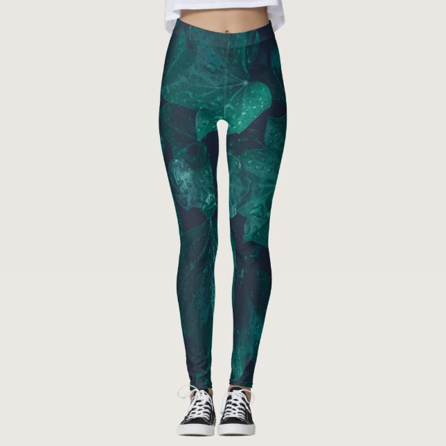Mörk emerald grönt ivy löv vatten droppar leggings (Framsida)