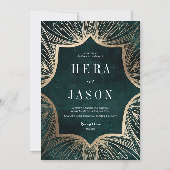 Mörk Emerald Grönt och Faux guld Art nouveau Inbjudningar (Framsida)