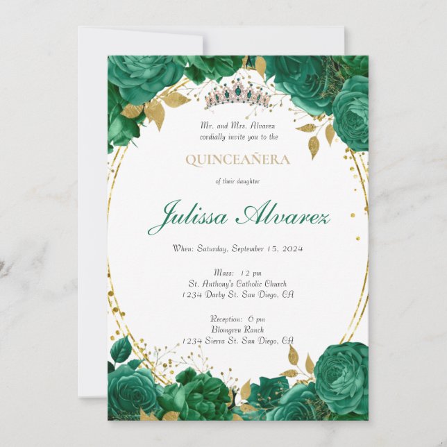 Mörk Emerald Grönt Tiara Quinceanera-inbjudan Inbjudningar (Framsida)