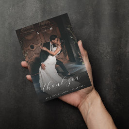 Mörk Fading Photo & Monogram Elegant Black Bröllop Tack Kort