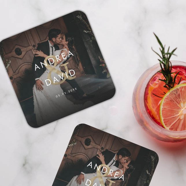 Mörk Fading Photo & Monogram Elegant Black Bröllop Underlägg Papper Kvadrat (Skapare uppladdad)