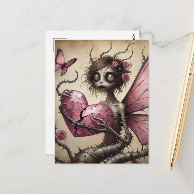 Mörk Fairy Rosa Heart Vykort (Fram/Back In Situ)