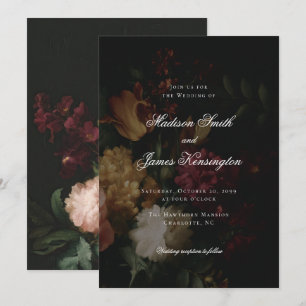Mörk Fall Flowers Calligraphy Black Bröllop Inbjudningar