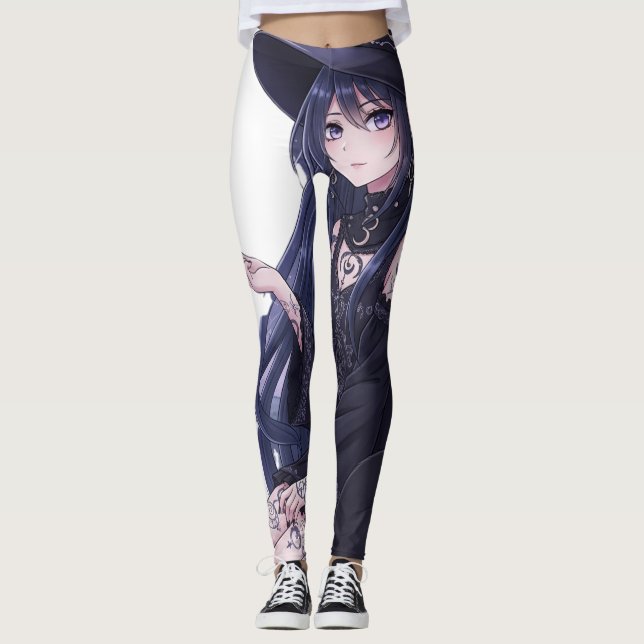 Mörk Fantasy Anime Girl & Gothic Black Cat Art Leggings (Framsida)