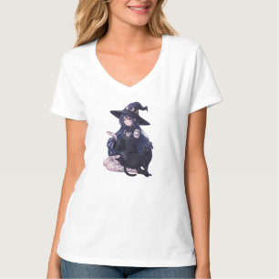 Mörk Fantasy Anime Girl & Gothic Black Cat Art T Shirt