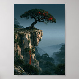 Mörk fantasy apelsinbonsaiträd på stenklippa poster