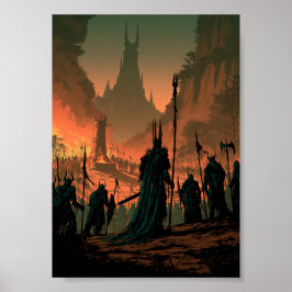 Mörk fantasy-armé samlas framför en flammande borg poster