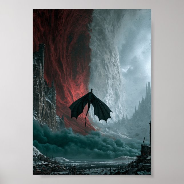 Mörk Fantasy Drakflygning Över Slott Landskap Poster (Framsidan)