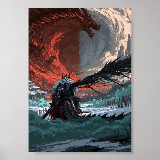 Mörk Fantasy Drakflygning över Slott Landskap Poster (Framsidan)