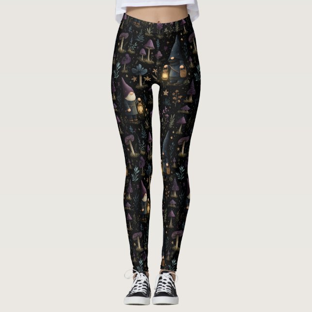 Mörk Fantasy Gnome och Mushroom Mönster Leggings (Framsida)