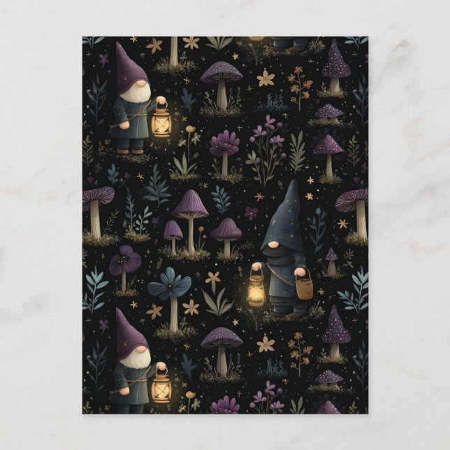Mörk Fantasy Gnome och Mushroom Mönster Vykort (Framsida)
