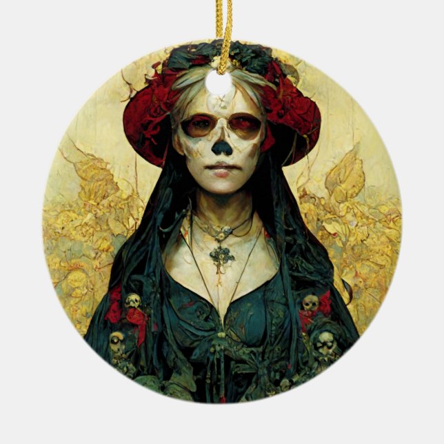 Mörk Fantasy Gothic Skull Woman Julgransprydnad Keramik (Framsidan)