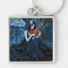 Mörk Fantasy Gothic Violinist i Moonlit Garden Fyrkantig Silverfärgad Nyckelring