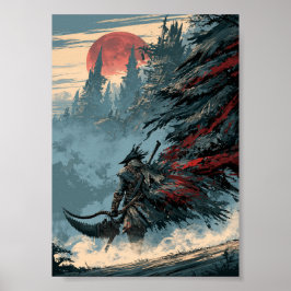Mörk Fantasy Jägare med Lie och Röd Måne Poster