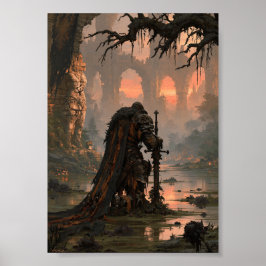 Mörk Fantasy Knäande Riddare Bland Forntida Poster