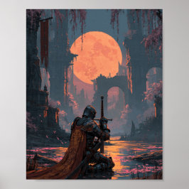 Mörk Fantasy Knästående Riddare med Svärd och Måne Poster