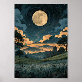 Mörk Fantasy Månljus över böljande kullar Poster