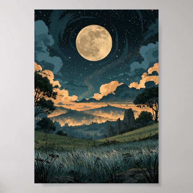 Mörk Fantasy Månljus över böljande kullar  Poster (Framsidan)