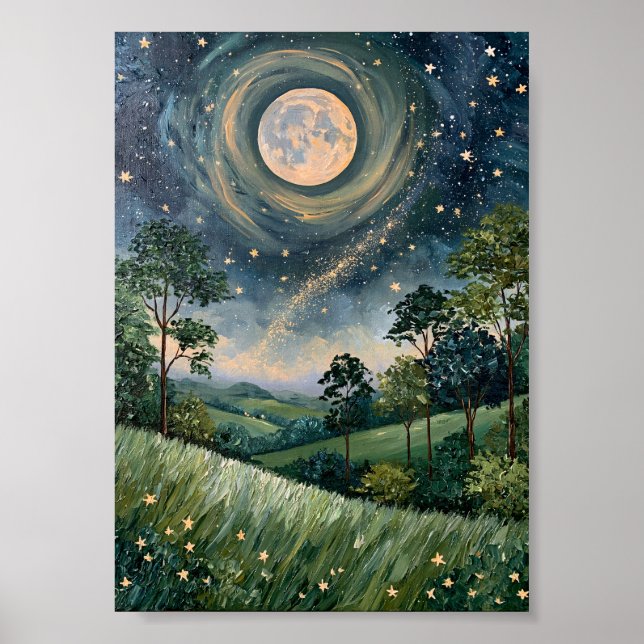 Mörk Fantasy Månljus över böljande kullar  Poster (Framsidan)