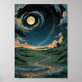 Mörk Fantasy Månsken över böljande kullar Poster