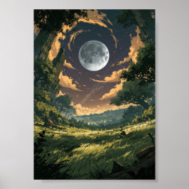 Mörk Fantasy Månsken över böljande kullar Poster