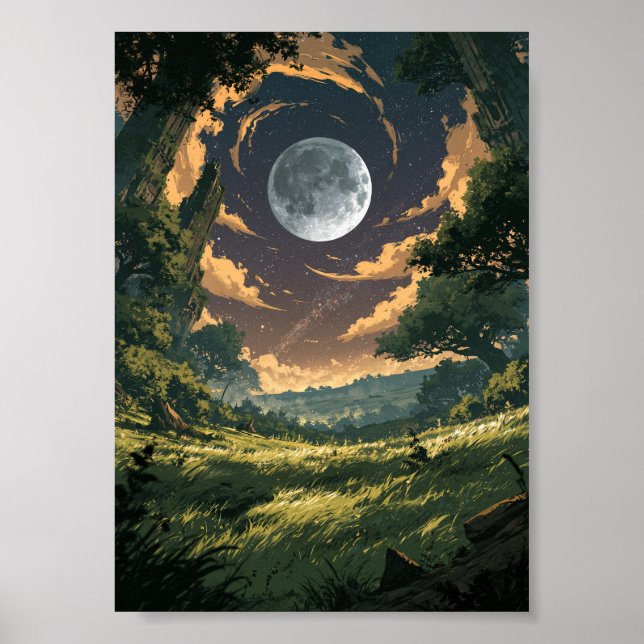 Mörk Fantasy Månsken över böljande kullar  Poster (Framsidan)