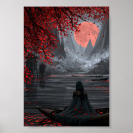Mörk Fantasy Resenär i en Båt Under Röd Måne Poster