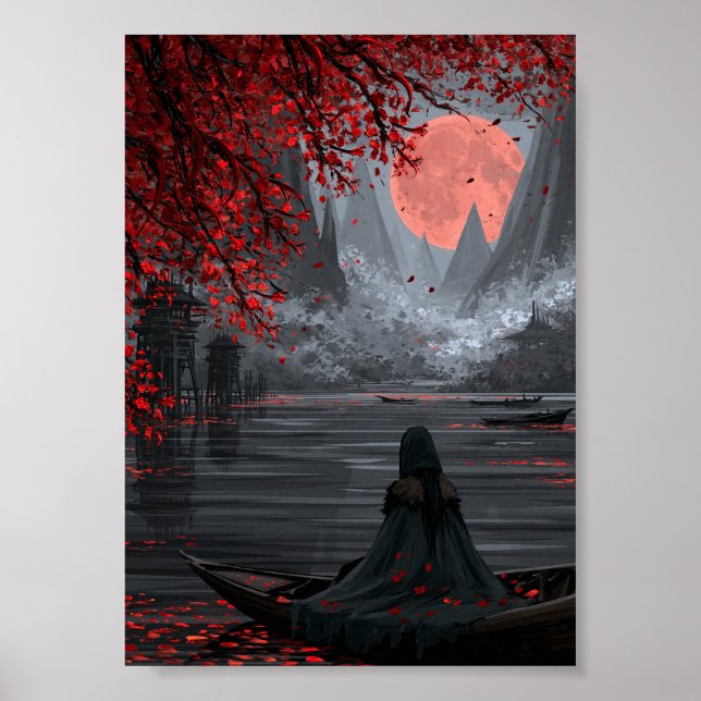 Mörk Fantasy Resenär i en Båt Under Röd Måne Poster (Framsidan)