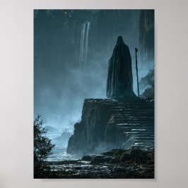Mörk Fantasy-resenär med huva på en klippa vid vat Poster