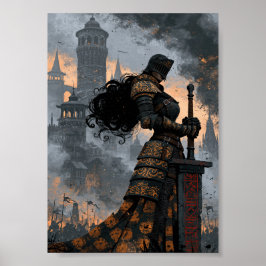 Mörk Fantasy Riddare med Svärd och Slott Poster