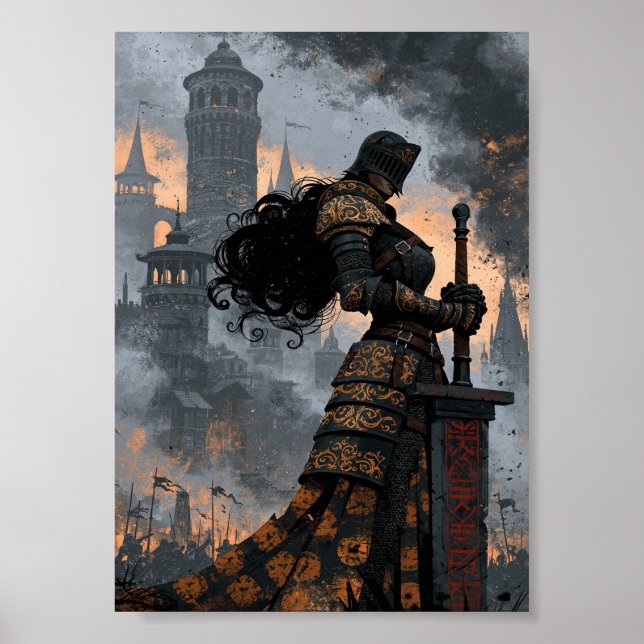 Mörk Fantasy Riddare med Svärd och Slott Poster (Framsidan)