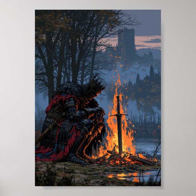 Mörk Fantasy Riddare Vilande Vid En Lägervarv Poster (Framsidan)