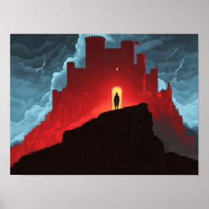 Mörk Fantasy Röd Fästning Silhuett Äventyrs Konst Poster