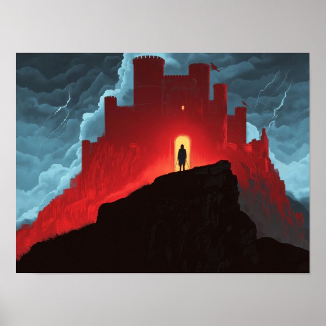 Mörk Fantasy Röd Fästning Silhuett Äventyrs Konst Poster (Framsidan)