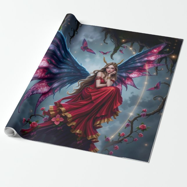 Mörk Fantasy Sagodrottning med Fjärilsvingar Presentpapper (Utrullad)