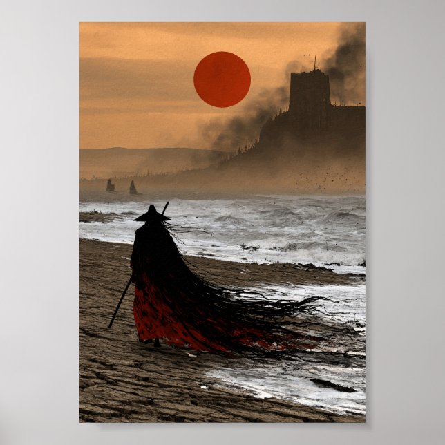 Mörk Fantasy Samuraj Resenär på en Öde Strand Poster (Framsidan)