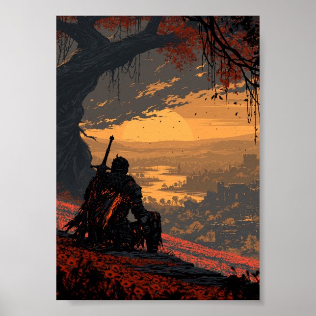 Mörk Fantasy Sittande Riddare Överblickar Solnedgå Poster (Framsidan)