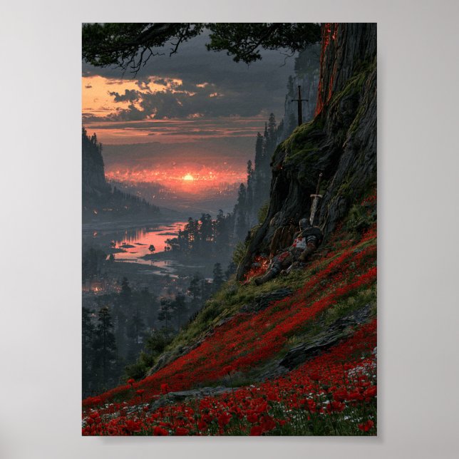 Mörk Fantasy Sittande Riddare som Ser ut över Soln Poster (Framsidan)