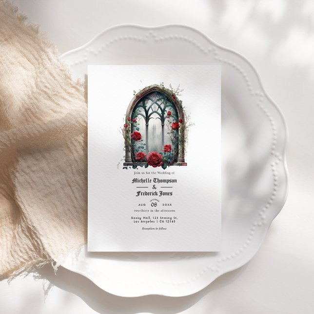 Mörk Fantasy Slott Fönster Gotisk Bröllop QR-kod Inbjudningar (Dark Fantasy Castle Window Gothic Wedding QR Code Invitation)