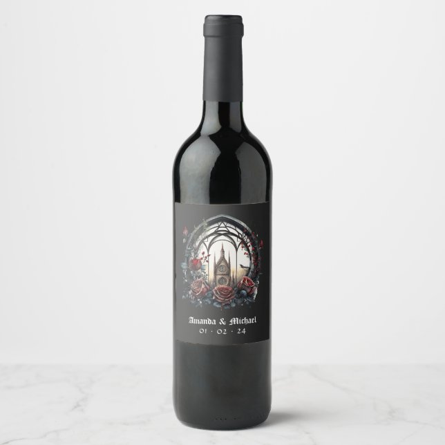 Mörk Fantasy Slott Fönster Gotisk Bröllop  Vinflaska Etikett (Framsida)