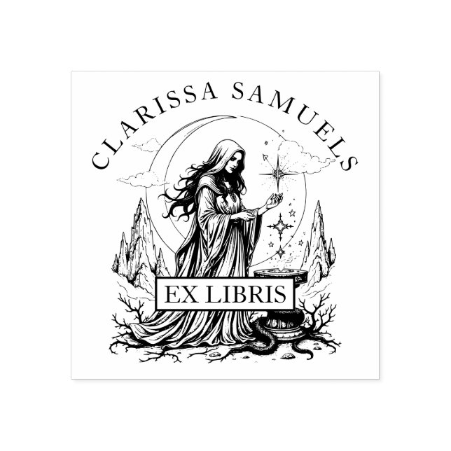 Mörk Fantasy Sorceress Ex Libris Bibliotek Bok Stämpel (Tryck)