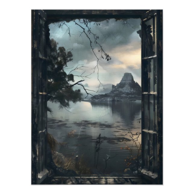 Mörk Fantasy World Window View Fototryck (Framsidan)