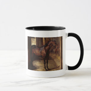 Mörk fjärdhäst i stall mugg