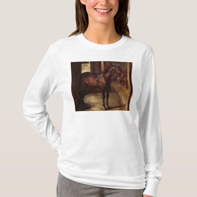 Mörk fjärdhäst i stall t-shirt (Framsida)