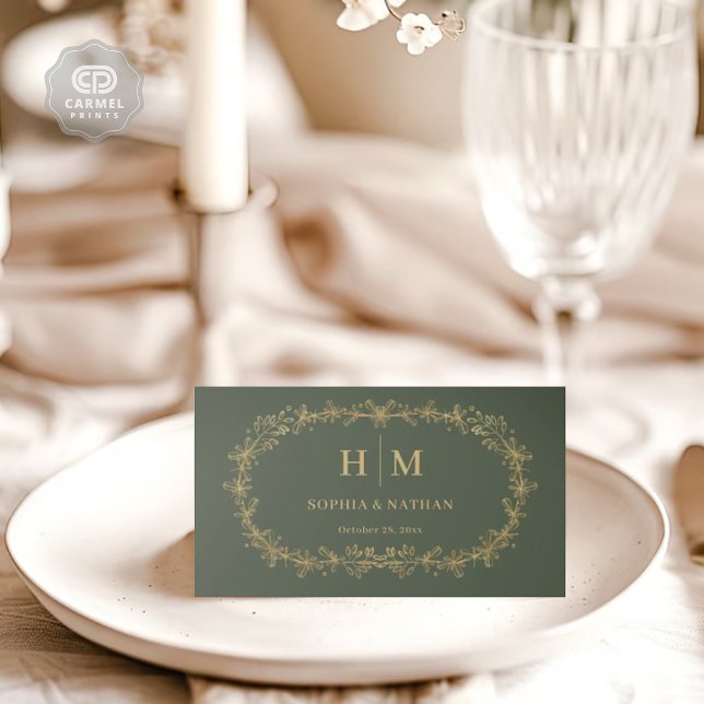 Mörk Flaska Grönt Guld Flowers Blommigt Bröllop Placeringskort (Dark Bottle Green Gold Flowers Floral Wedding Place Card)